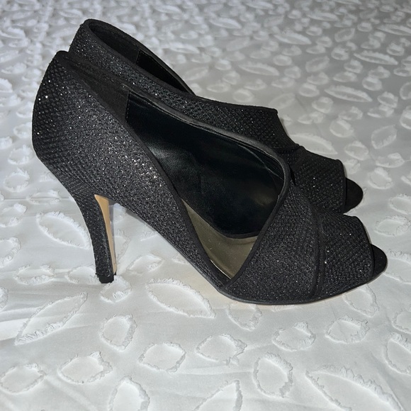 Ann Marino Asymmetrical Black Glitter Heels - Picture 2 of 6